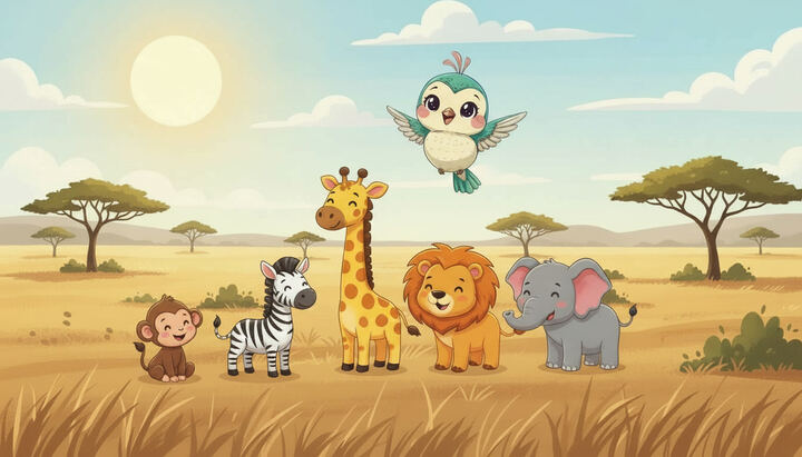 Colibouli avec le lion, l'éléphant, la girafe, le zèbre et le singe